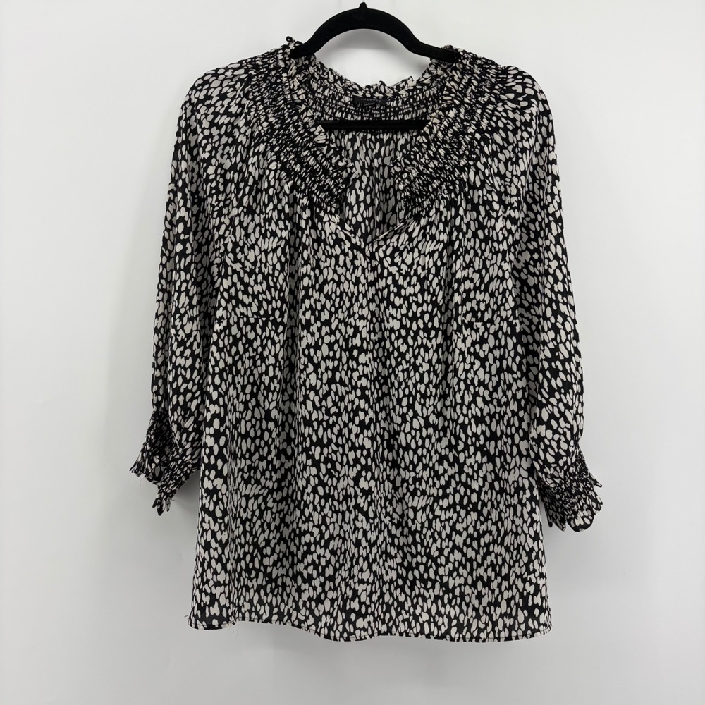 Talbots Women's Black White Abstract Print Smocked Neck Long Sleeve Tunic Top L